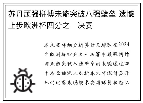 苏丹顽强拼搏未能突破八强壁垒 遗憾止步欧洲杯四分之一决赛