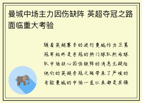 曼城中场主力因伤缺阵 英超夺冠之路面临重大考验