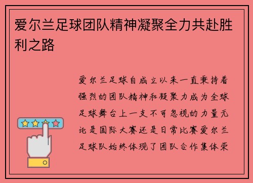 爱尔兰足球团队精神凝聚全力共赴胜利之路