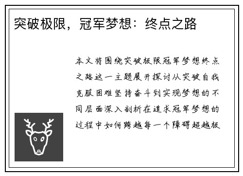 突破极限，冠军梦想：终点之路