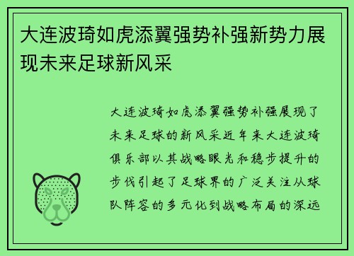 大连波琦如虎添翼强势补强新势力展现未来足球新风采